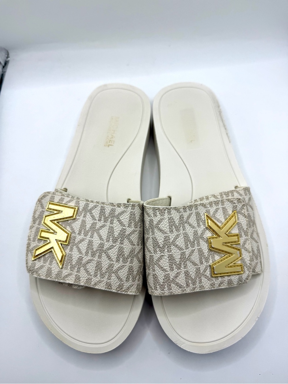 Michael Kors MK Logo White Gold Slide Sandals Women’s
